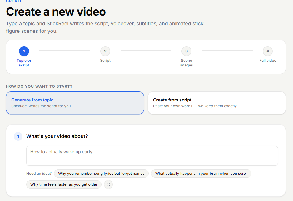 StickReel new video screen with the choice between Generate from topic and Create from script, and a topic input field