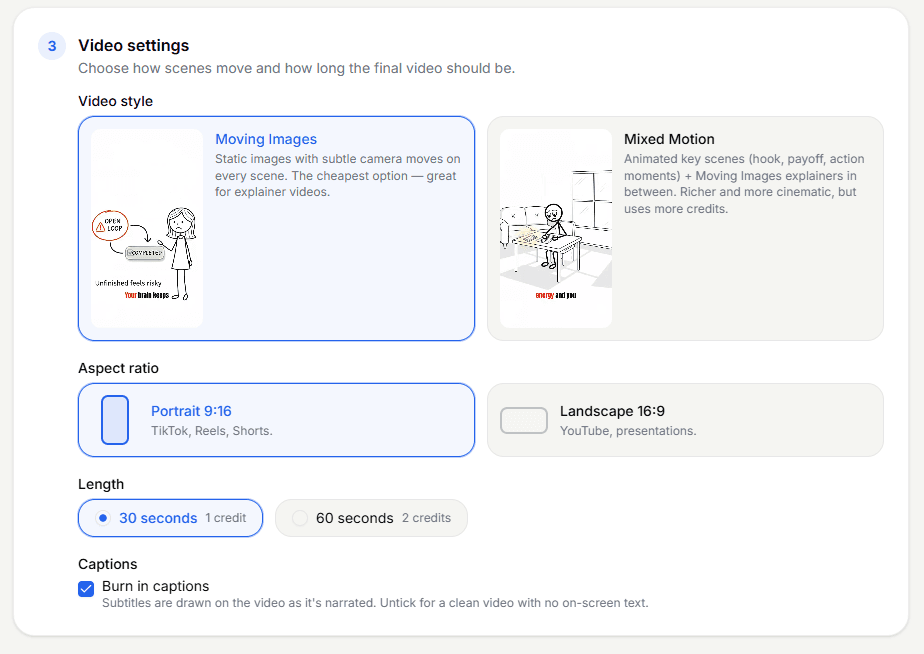 Video settings panel with Moving Images and Mixed Motion styles, portrait or landscape aspect ratio, length, and burn-in captions checkbox