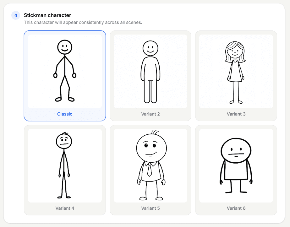Stickman character picker with six hand-drawn character variants, Classic selected
