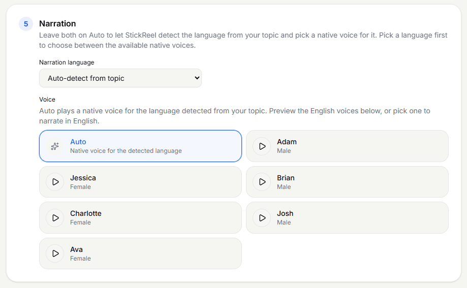Narration panel with auto-detect language dropdown and a list of voices with preview buttons